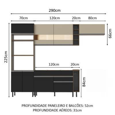 Cozinha Completa Madesa Safira com Armário e Balcão (Sem Tampo,Pia e Rodapé) Rustic/Preto/Crema Cor:Rustic/Preto/Crema