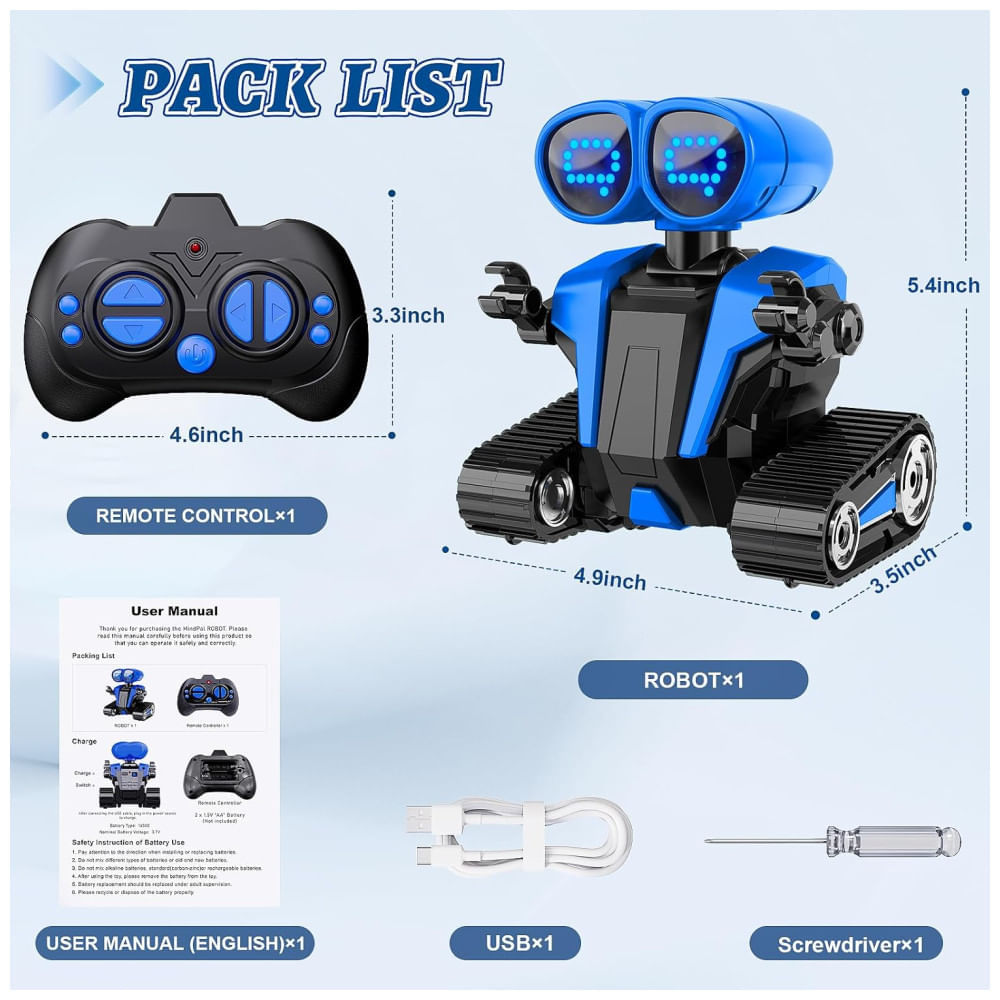 Miniatura Robô com Demonstração Automática para Crianças, Controle Remoto, Robô Recarregável com Olhos LED, Robô Inteligente Azul para Crianças,MindPal.