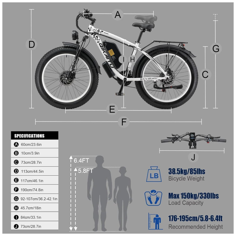 Miniatura Bicicleta Elétrica com Motor Duplo 2000W, Bateria Removível 48V 23Ah UL2849, Quadro em Alumínio 6061, Pneus 26x4”, Suspensão com Trava, Freios