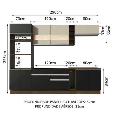 Cozinha Completa Madesa Vicenza com Armário e Balcão (Sem Tampo e Pia) Rustic/Preto/Crema Cor:Rustic/Preto/Crema