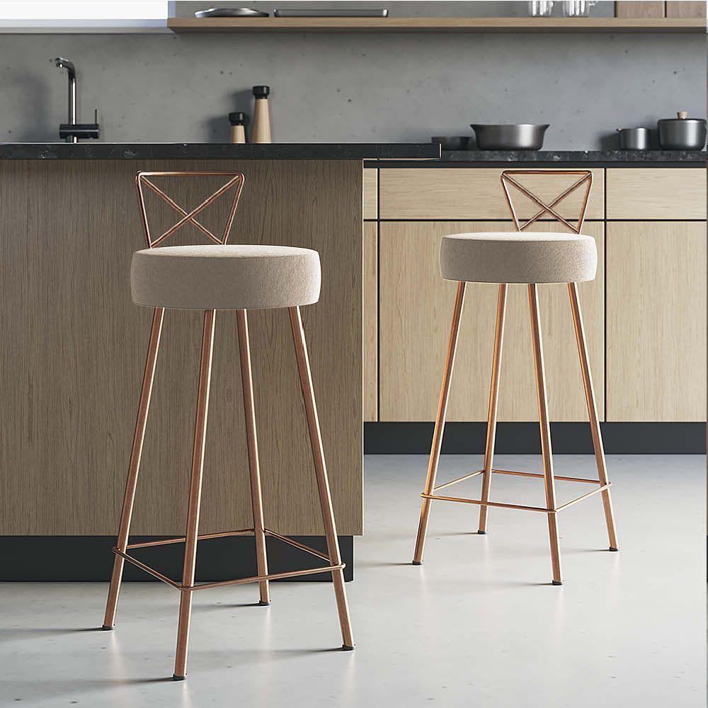 Miniatura Banqueta Alta Com Encosto Tânia Eiffel Cozinha Bar Bistrô Ferro Bronze Corino Bege