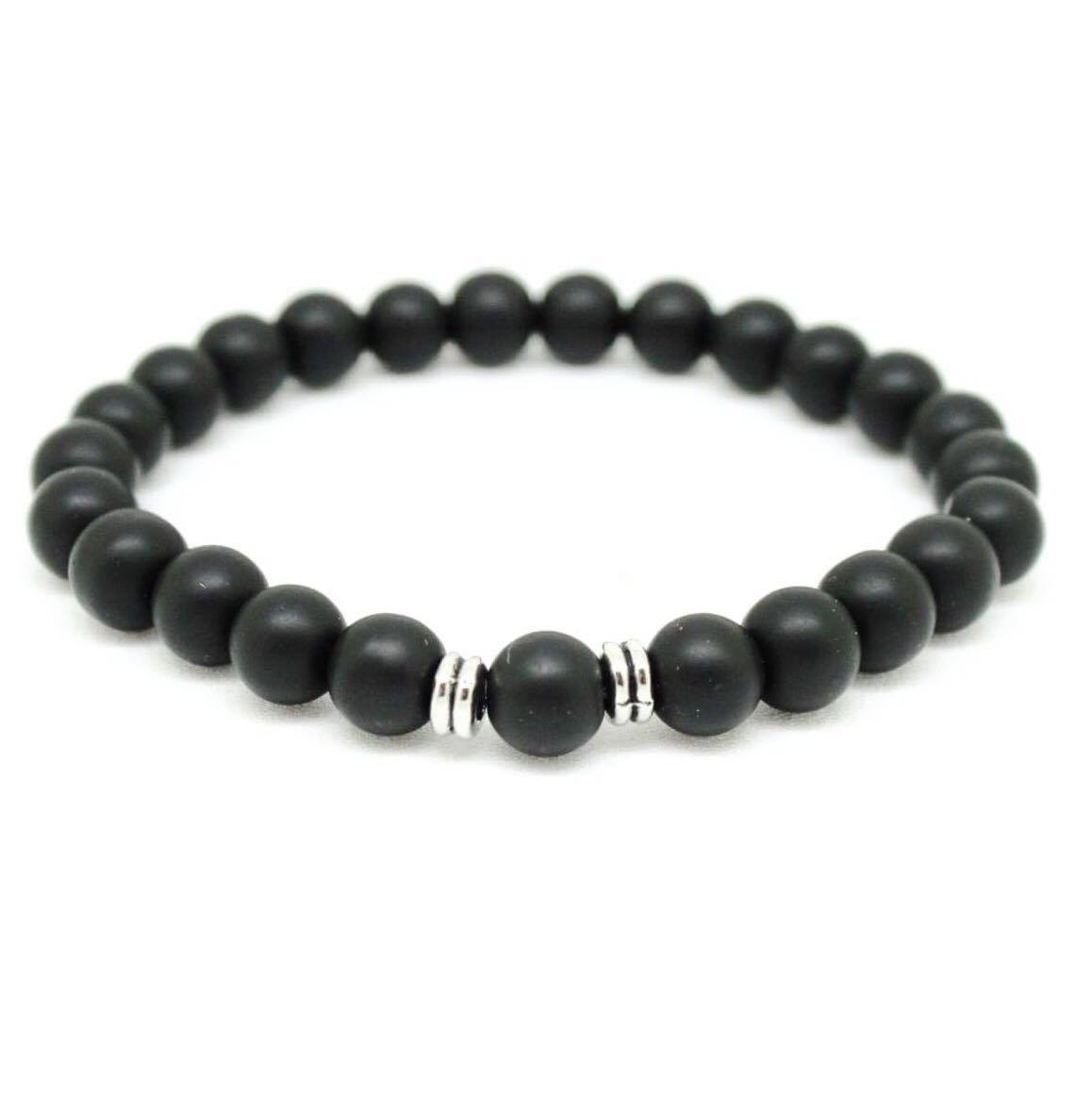 Miniatura Pulseira masculina pedra 8mm ágata preta banho ouro branco G