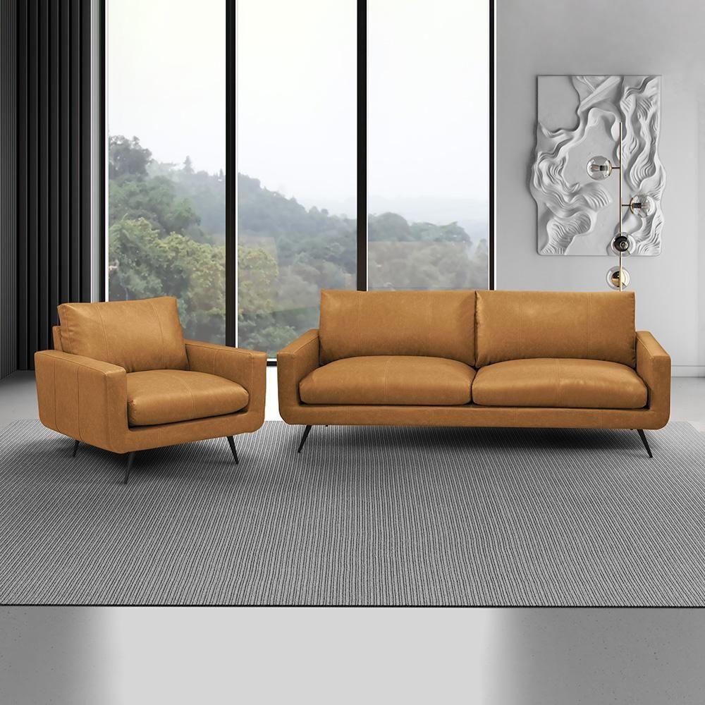 Miniatura Conjunto Sala De Estar Paloma 1 Sofá 2 Lugares 183cm 1 Poltrona Couro Caramelo Manchado