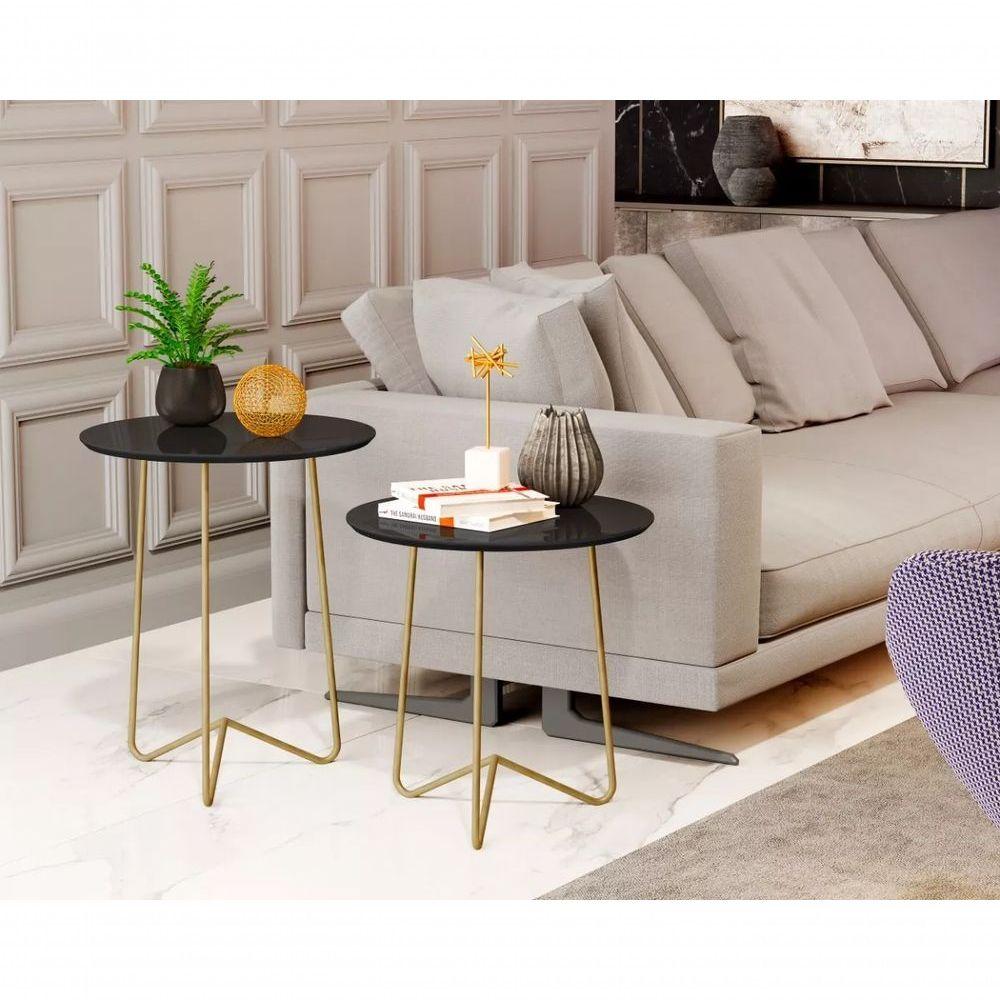 Miniatura Mesas Laterais Roma Dourado Com Vidro 60-50 Industrial - Preto