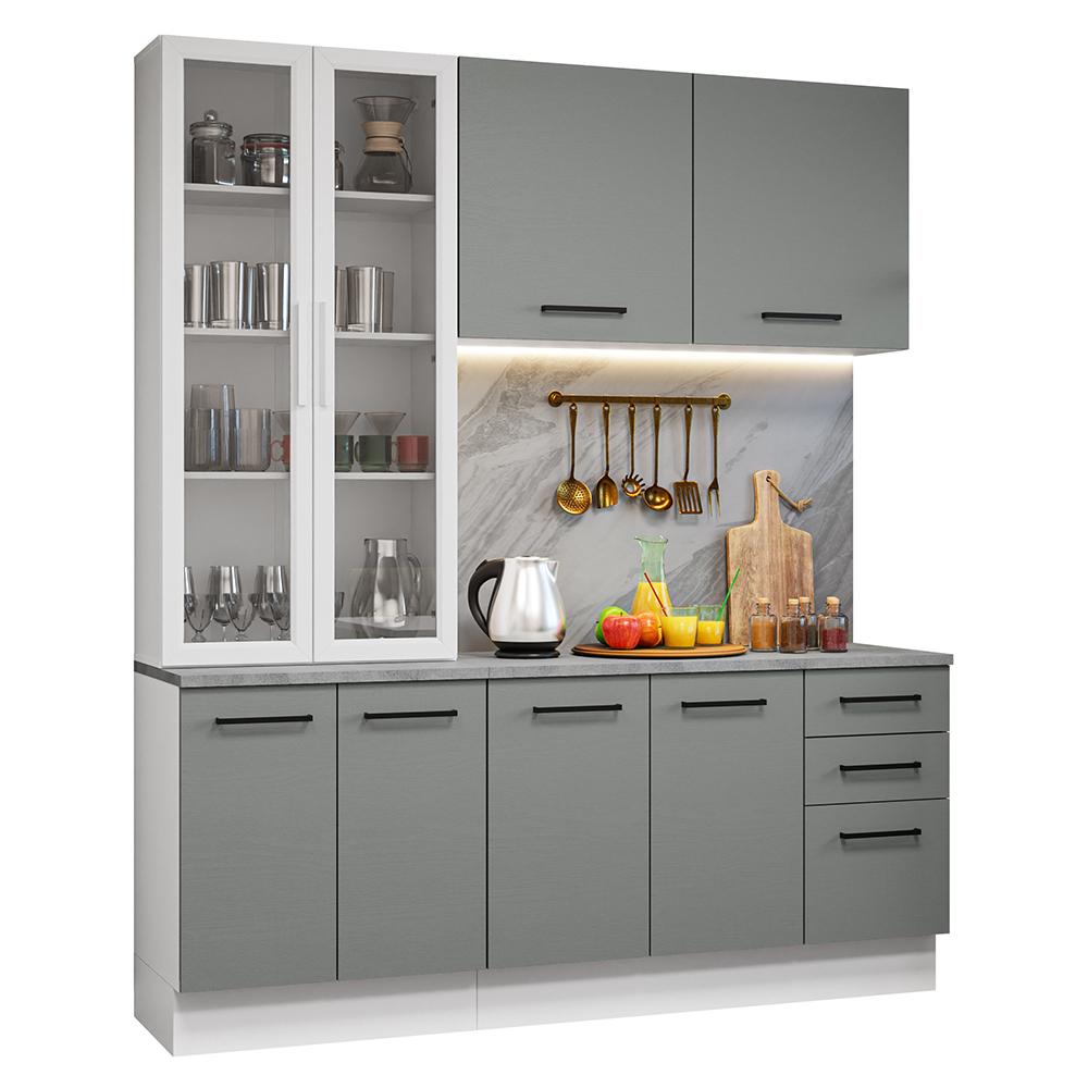 Miniatura Armário de Cozinha Compacta 190cm com Cristaleira Branco/Cinza Agata Madesa 01 Branco/Cinza