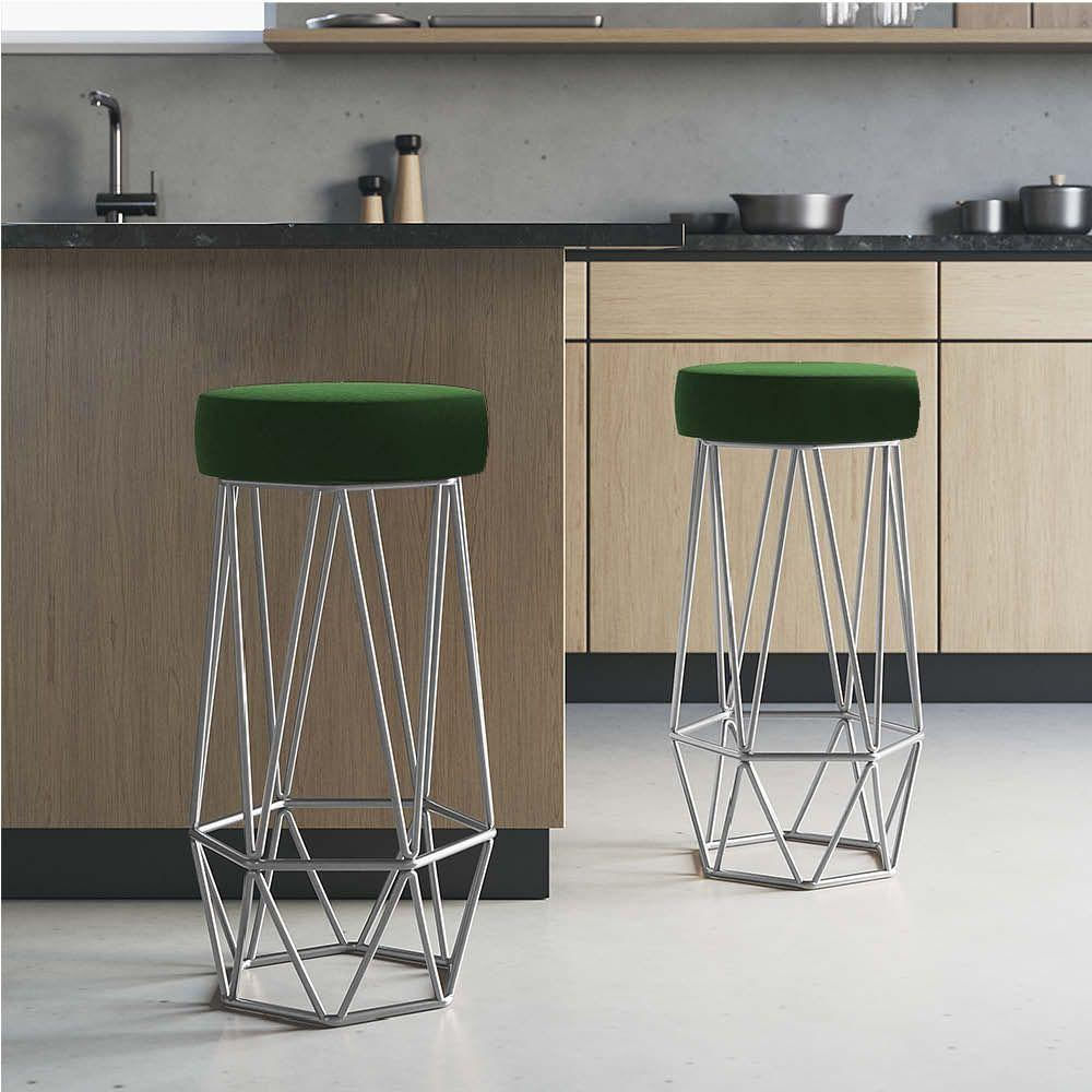 Miniatura Banqueta Com Encosto Mhara Cozinha Bar Ferro Prata Suede Verde Escuro - Ahazzo Móveis