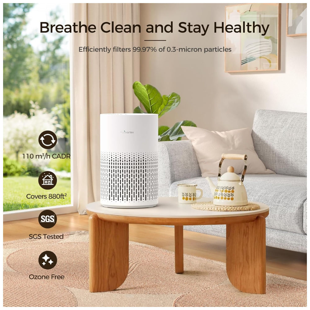 Purificador de Ar Residencial com Filtro True HEPA H13 para Pólen, Fumaça, Poeira, Pelos de Animais, Odor, Cabelo, Silencioso a 20dB,Purivortex
