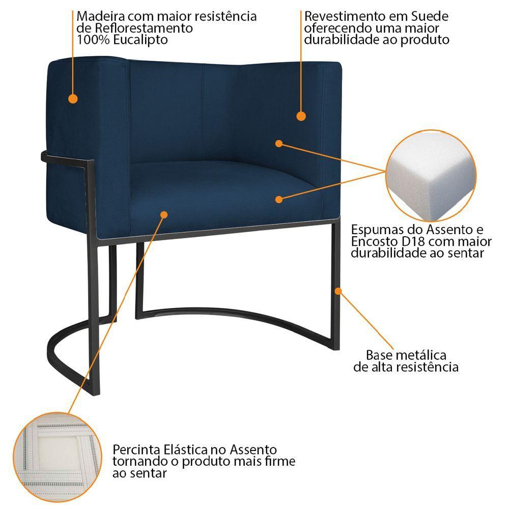 Kit Divã Luna 160cm Lado Esquerdo E 02 Poltronas Base De Ferro Preto Suede Cor Azul Marinho