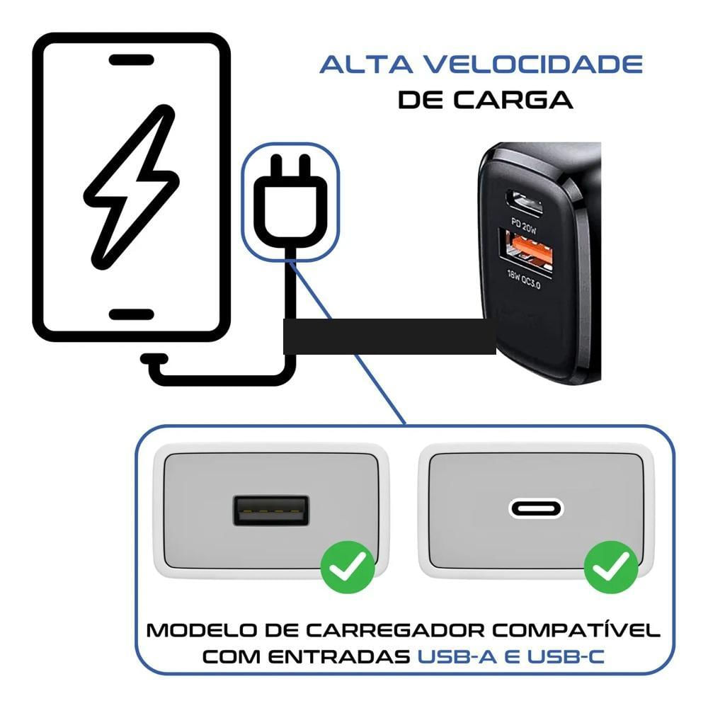 Miniatura Fonte Usb Preta Com Função Turbo Para Type-C/V8/Lightning