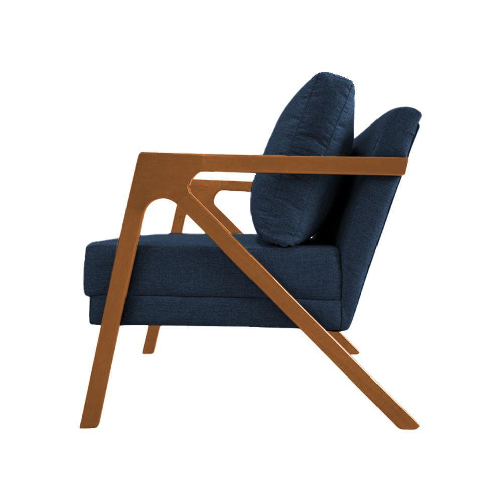 Miniatura Poltrona Mona Monique Luxo Base Madeira Maciça Cerejeira Linho Azul