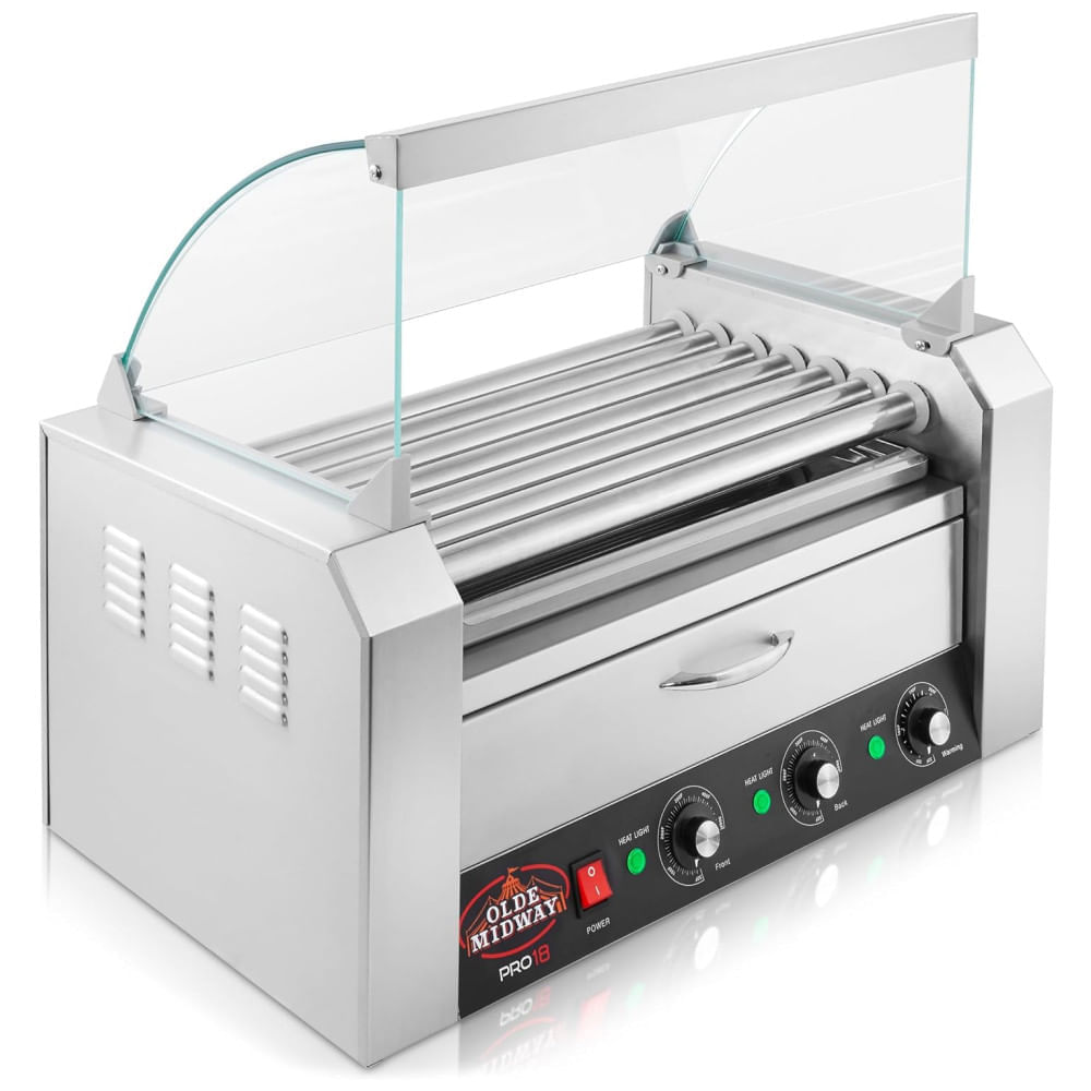 Máquina para Cachorro Quente 7 Rolos até 18 Salsichas com Gaveta de Aquecimento, 110V 1100W, OLDE MIDWAY, Prata