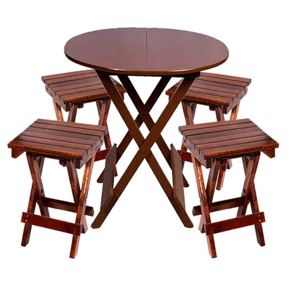 Miniatura Conjunto Restaurante De Mesa Dobravel 60Cm Redondo Com 4 Banquinhos Imbuia Marrom