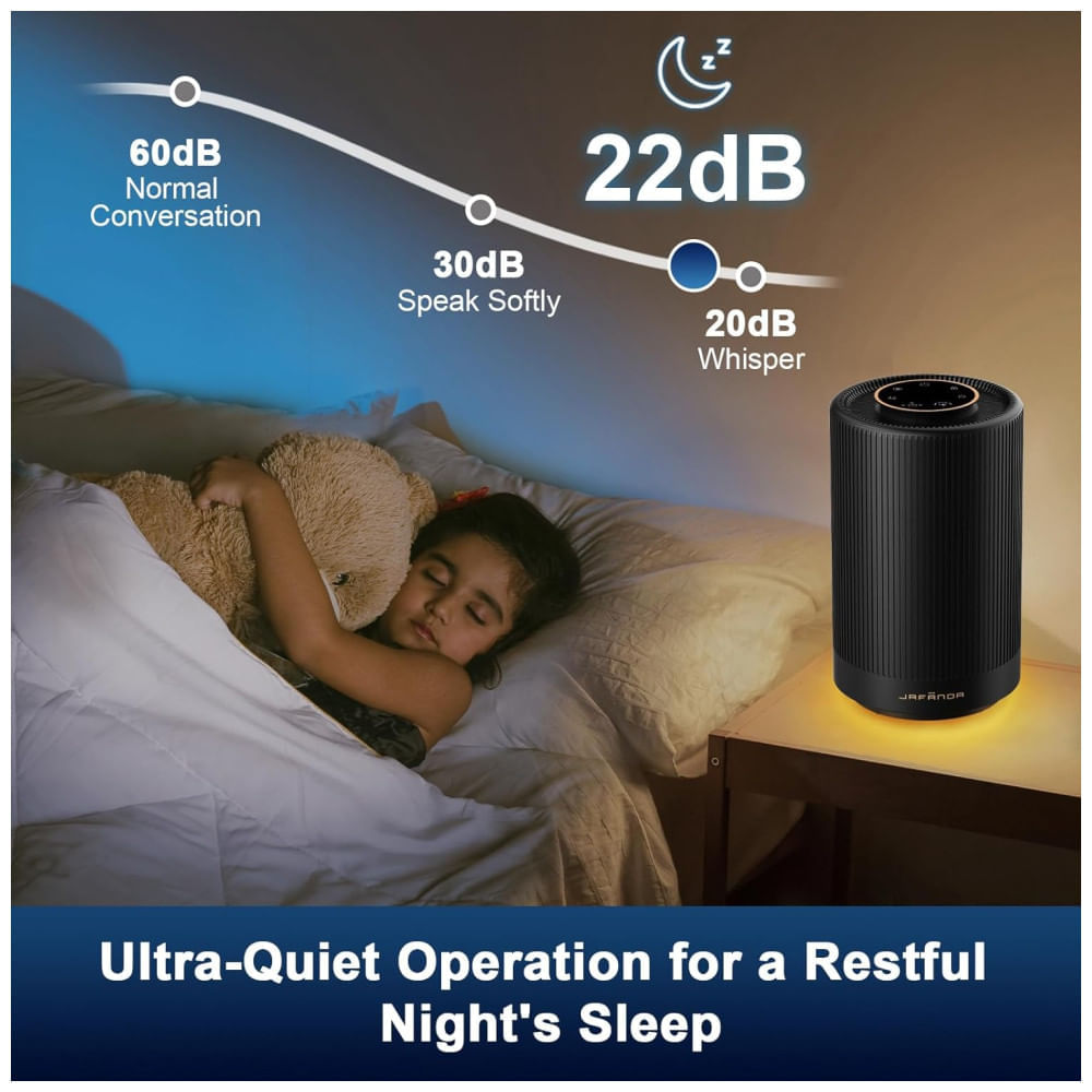 Miniatura Purificador de Ar Portátil, para Ambientes até 40m² com Filtro H13 HEPA, Luz Noturna e 3 Velocidades, 110V 10W, Jafnda JF100, Preto 110v