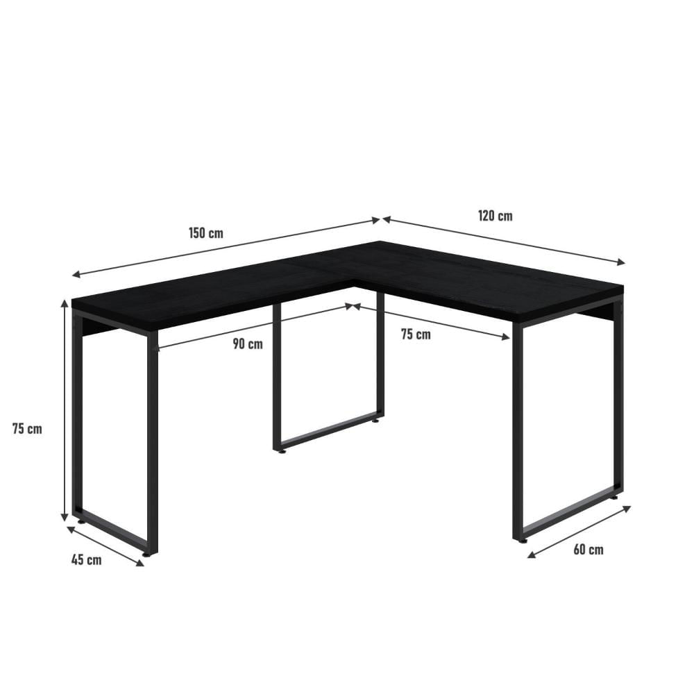 Miniatura Mesa de Escritório em L Estilo Industrial 120x150cm Kuadra Preto Ônix / Est.Preta