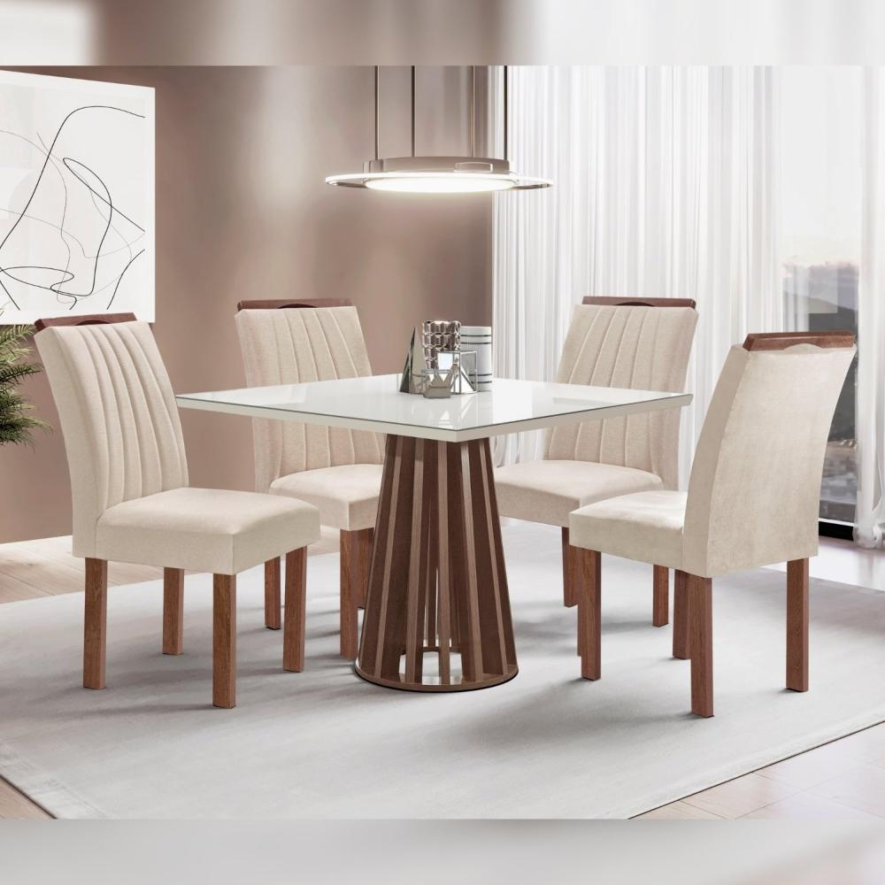 Miniatura Conjunto Mesa Tampo Slim Plus Vidro Kansas 100cm 4 Cadeiras Arizona Chocolate/Off White/Suede Bege