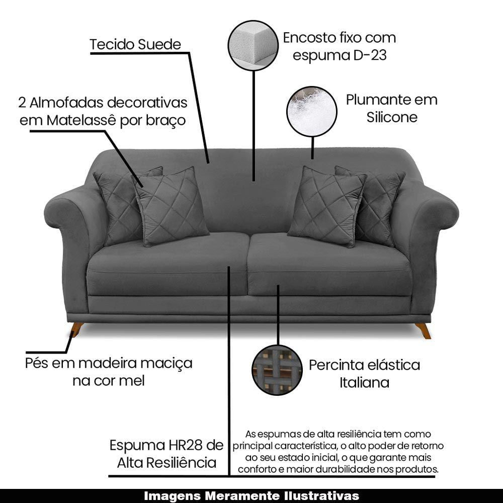 Sofá 160cm 2 Lugares Com 4 Almofadas Suede Cinza