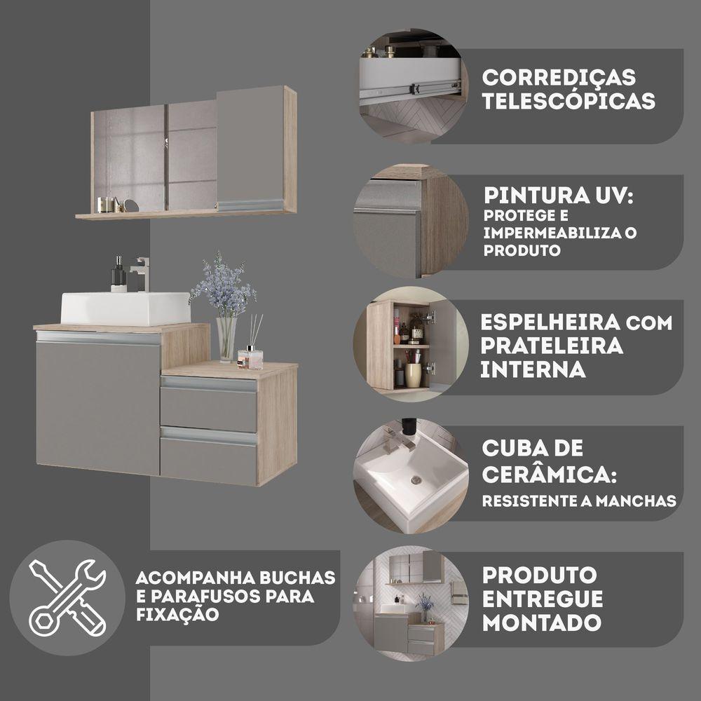 Miniatura Conjunto Gabinete Banheiro Cross 80 (gabinete+espelheira+cuba) Madeirado Cinza
