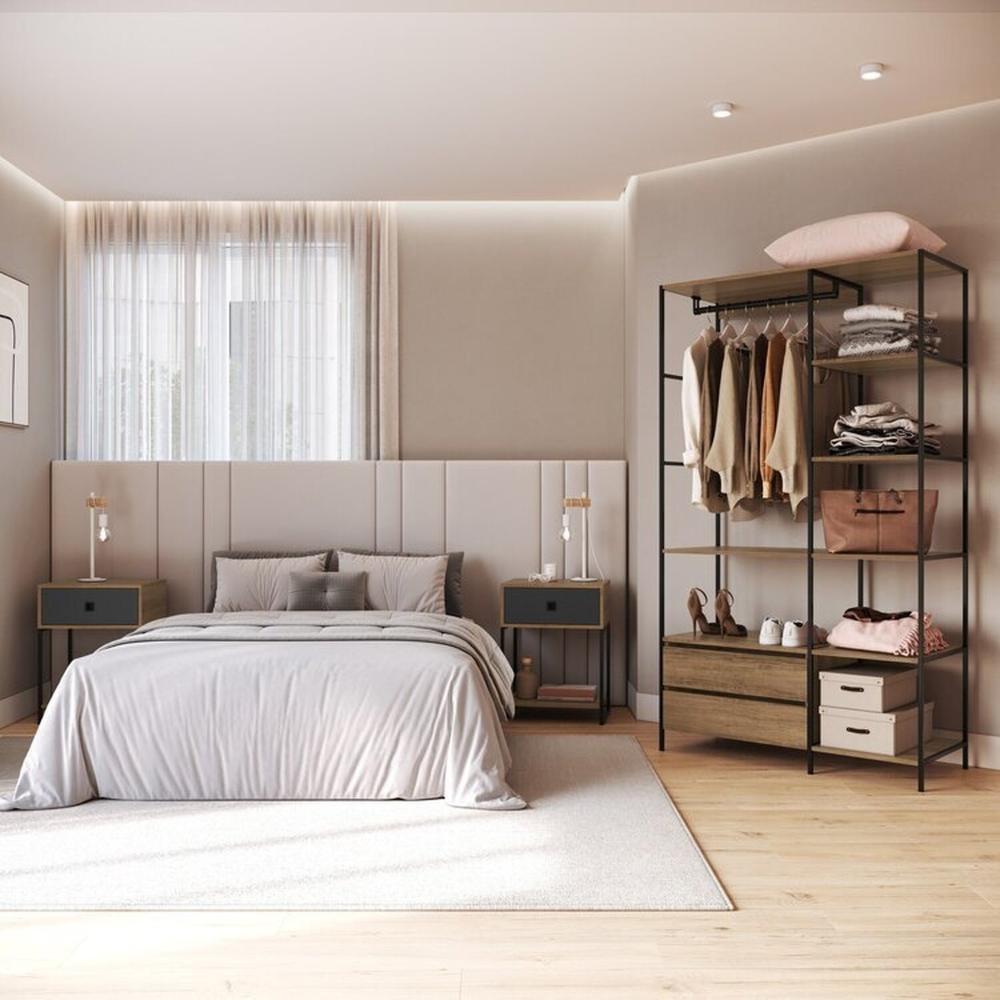 Miniatura Quarto Estilo Industrial com Guarda Roupa Closet de 2 Gavetas  e  2 Mesas de Cabeceira com 1 Gaveta Mel / Grafite