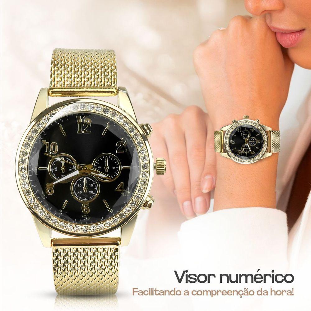 Miniatura Relogio Feminino Strass Dourado + Pulseira + Brincos + Colar
