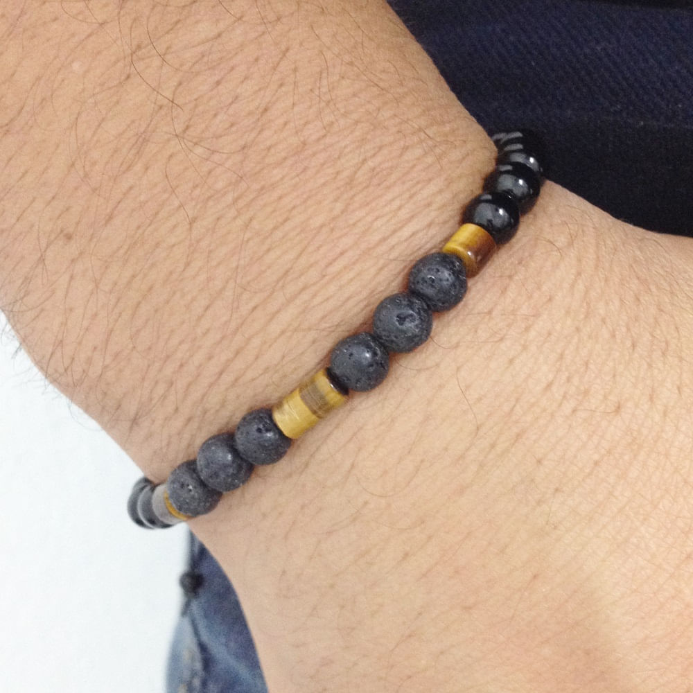 Miniatura Pulseira Masculina Pedras Naturais Ônixlava Vulcânica E Olho