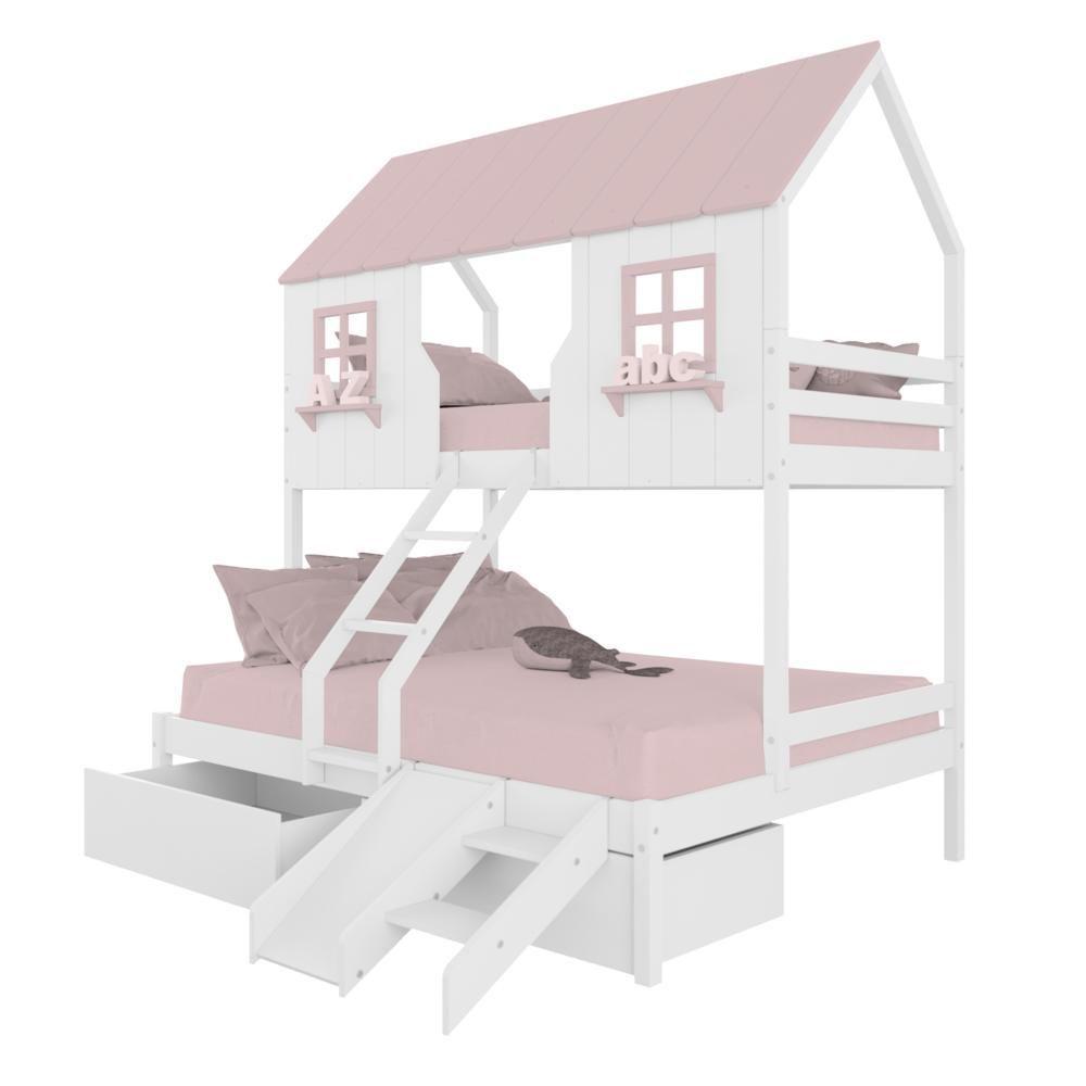 Miniatura Beliche Casal/ Solteiro Casinha Encantada 02 Gavetas Kit Escada/ Escorregador Madeira Maciça Branco/ Rosa Megamobilia