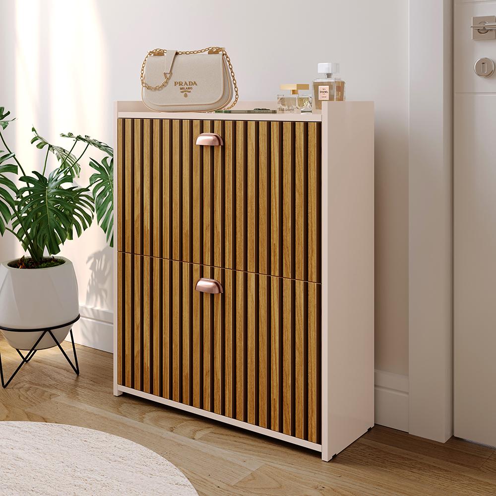 Miniatura Sapateira Closet Vertical Organizadora 12 Pares Calçados Unissex Prateleira 2 Andares Gavetas Basculante Off White/Ripado - Lojas RPM