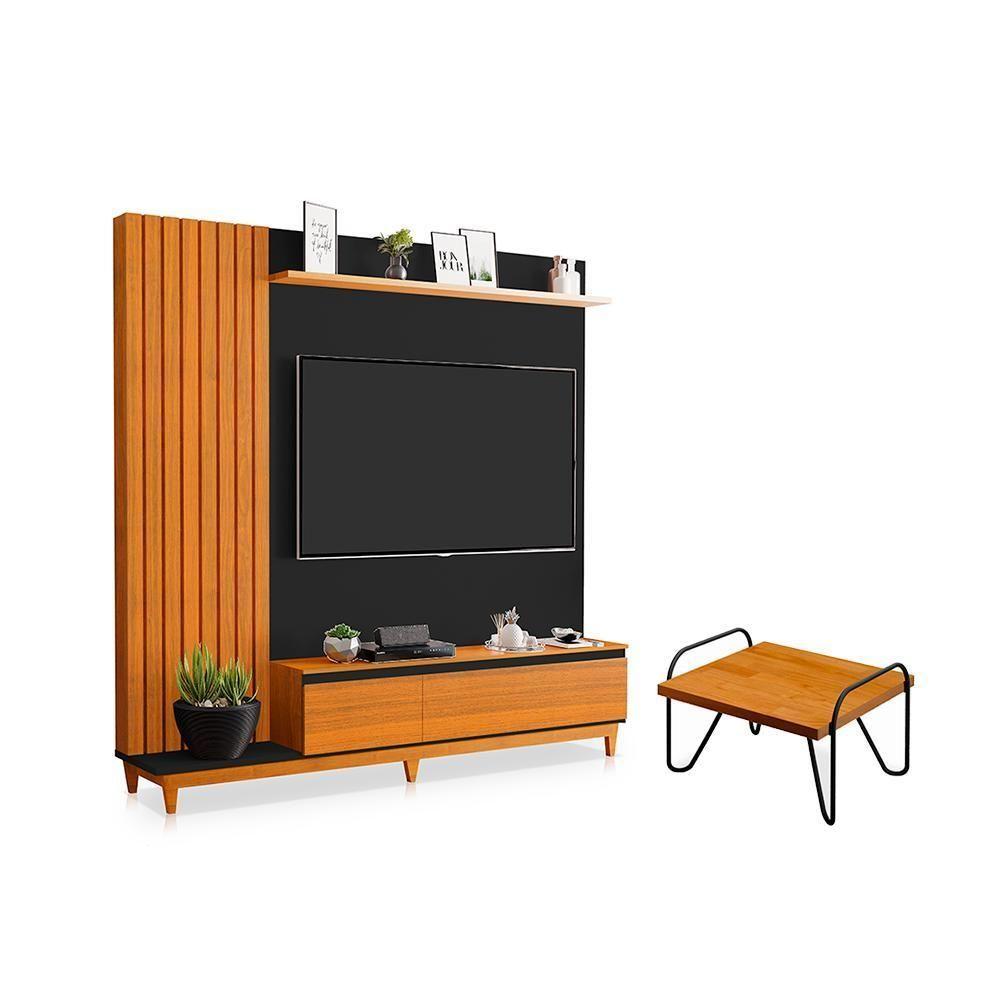 Miniatura Mesa De Centro E Painel Genebra Naturale Preto Freijó