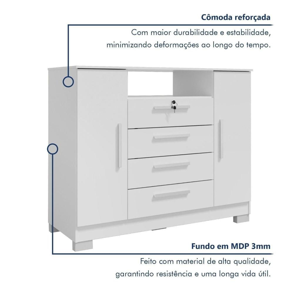 Cômoda Rack para Quarto 2 Portas e 4 Gavetas Branco