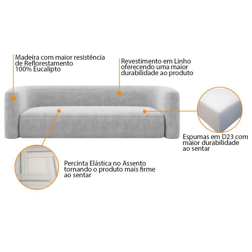 Sofá 3 Lugares 180cm Orgânico Luxo Recepção Melina Linho Cinza Claro