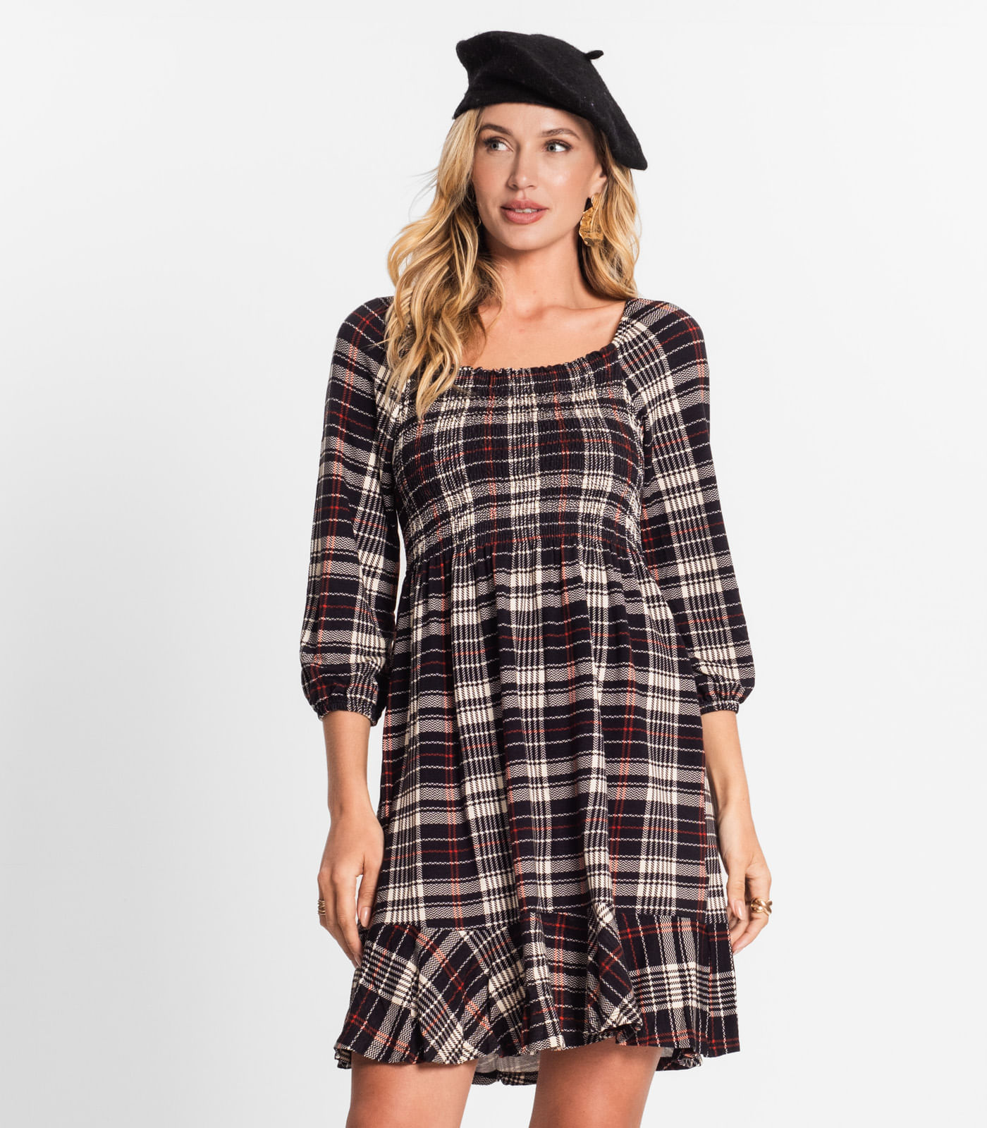 Miniatura Vestido Xadrez Feminino Mangas 3/4 Endless Preto G