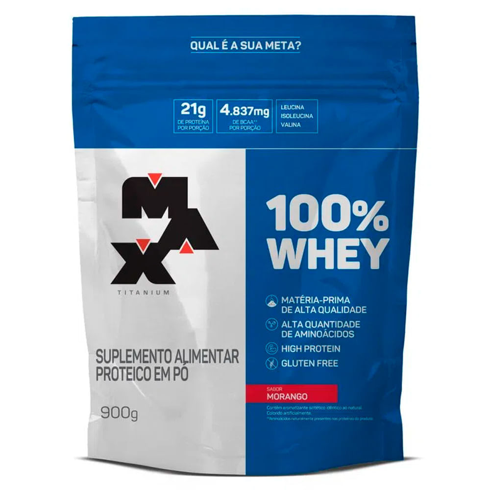 Miniatura Suplemento Alimentar Whey 100% Max Titanium Sabor Morango Refil 900g