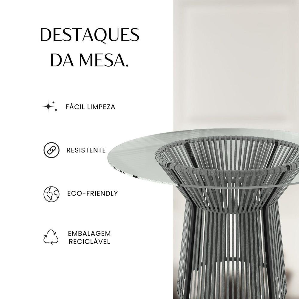 Mesa Redonda Tampo Vidro 120cm Lisboa Preto/Cinza