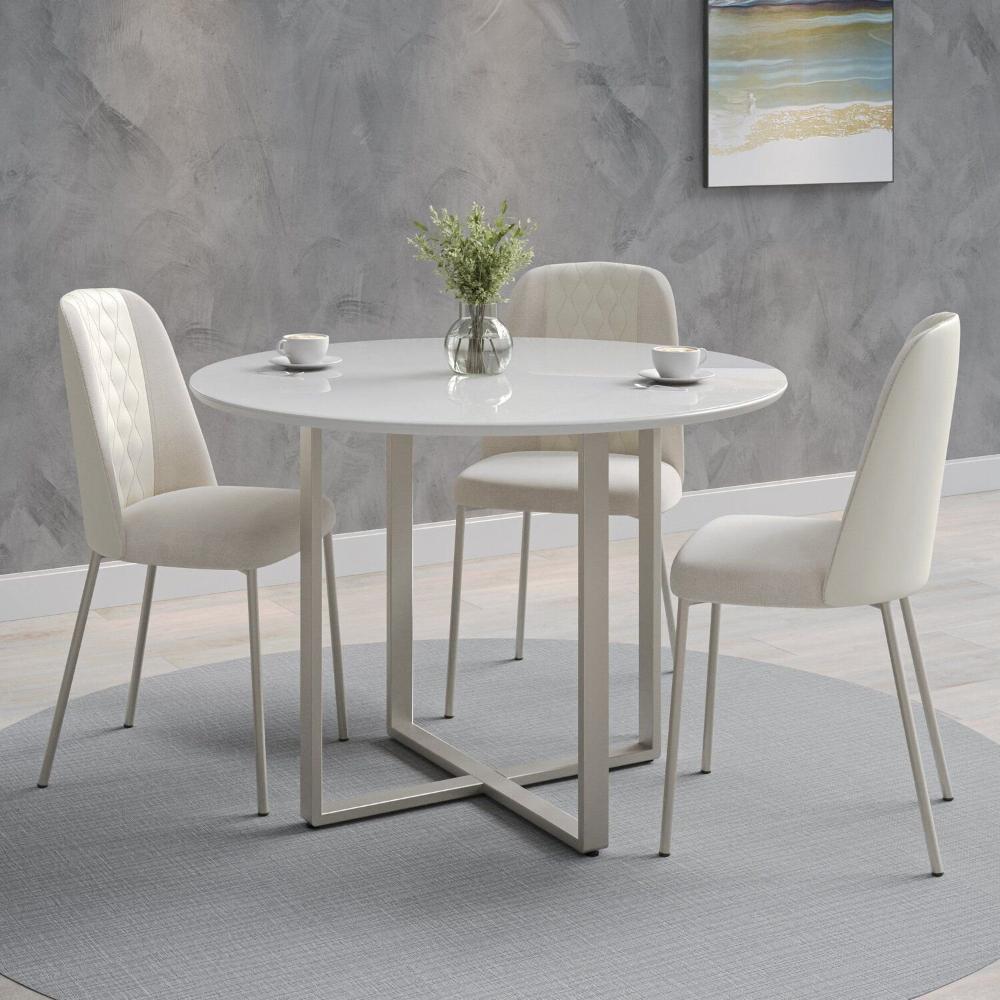Miniatura Mesa de Jantar Redonda 108cm e Tampo de Vidro Arcádia Off White Fosco/Champanhe