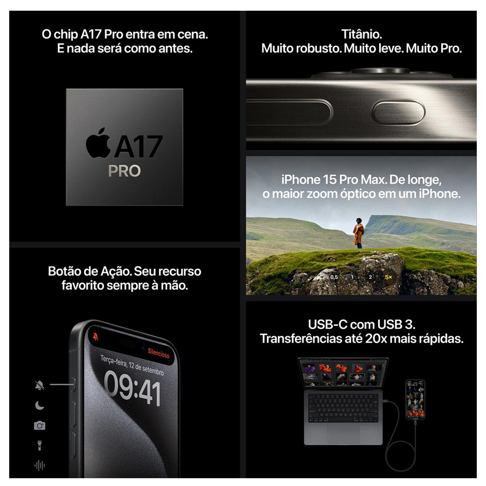 iPhone 15 Pro Apple (512GB) Titânio Azul, Tela de 6,1", 5G e Câmera de 48MP