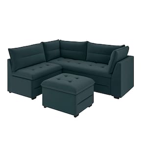 Miniatura Sofá Modular de Canto 4 Lugares Luizzi Quebec com Pufe e Revestimento em Suede – 408cm de Largura Azul Petróleo