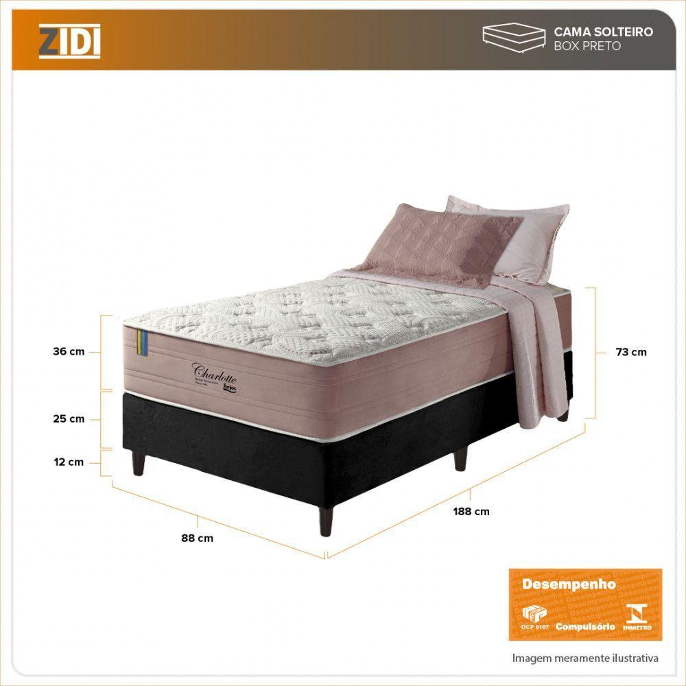 Cama Box Solteiro Preto + Colchão Molas Charlotte Gel 88cm