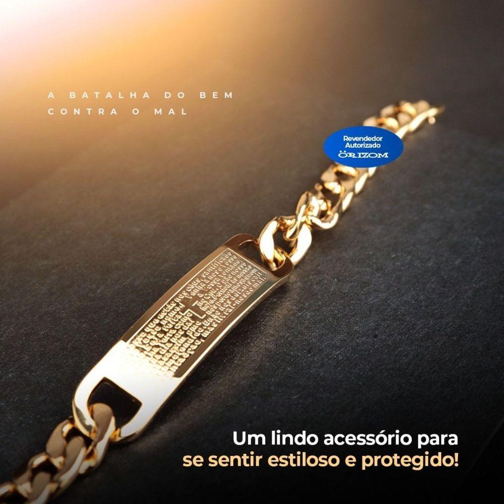 Miniatura Pulseira Masculina Oração Pai Nosso Aço Banhada Ouro Original Catolica Moda Masculina Social Casual