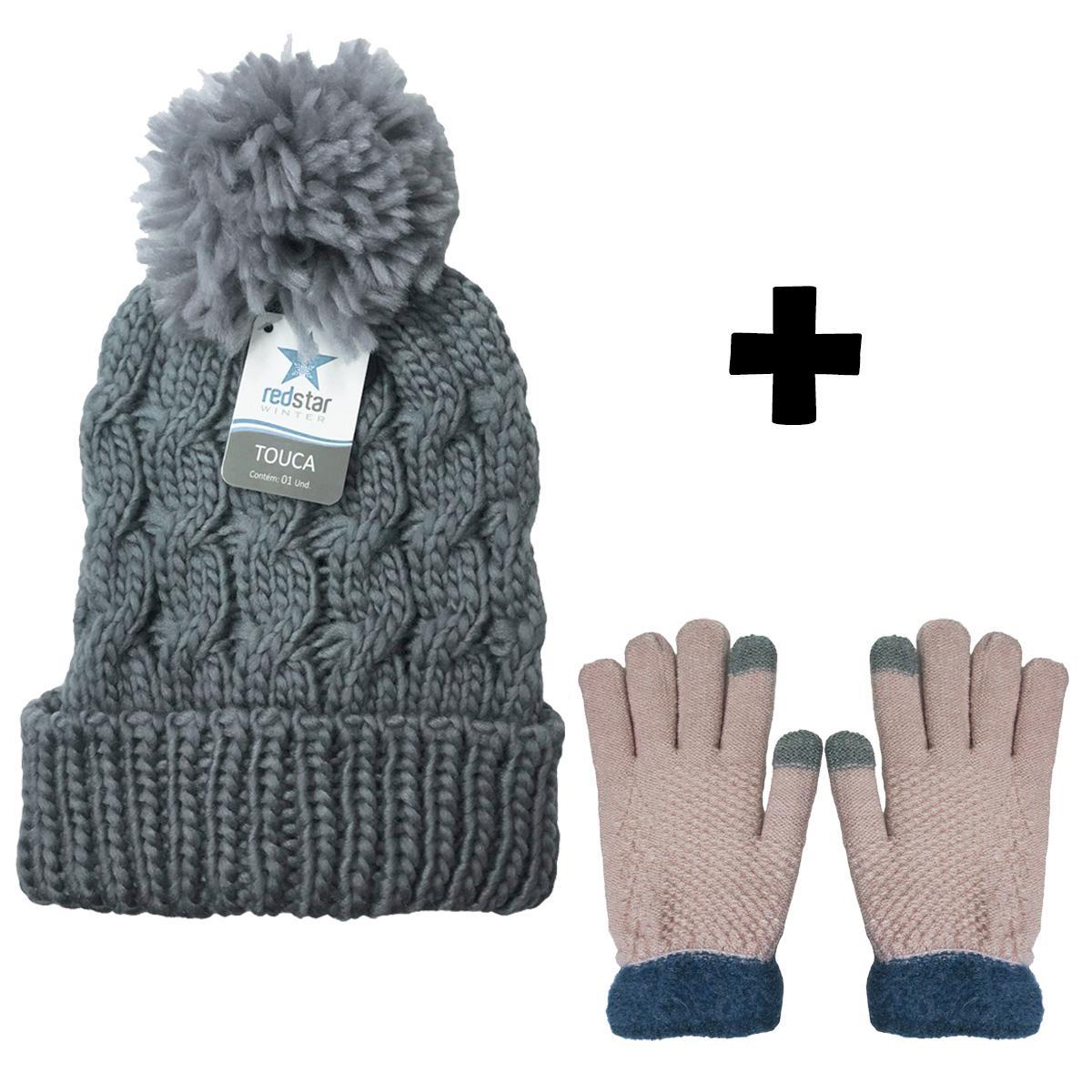 Miniatura Touca Pompom Inverno E Luva Frio Tricô Touch Screen