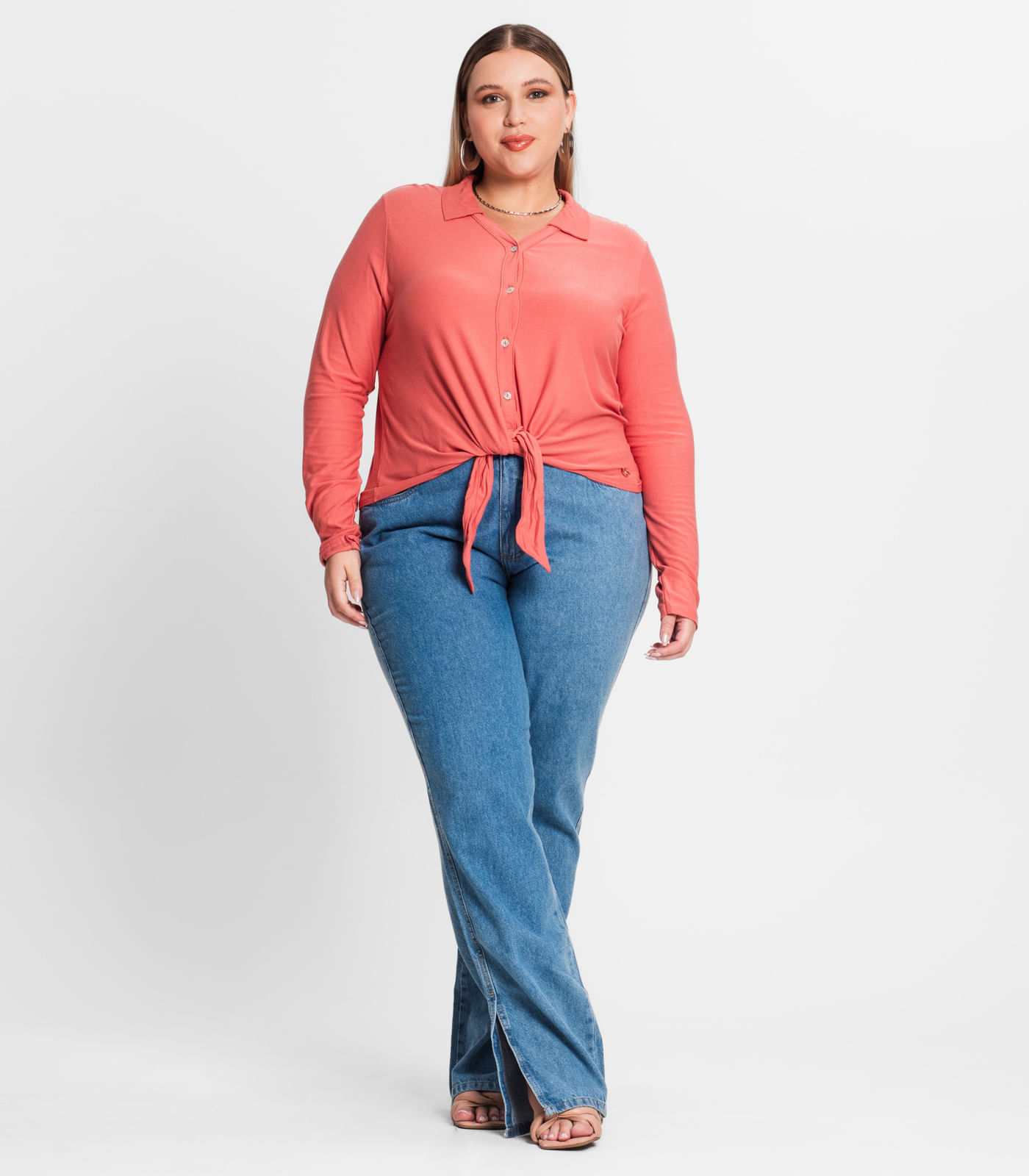 Miniatura Camisa Feminina Plus Size Em Viscose Secret Glam Laranja Plus G1