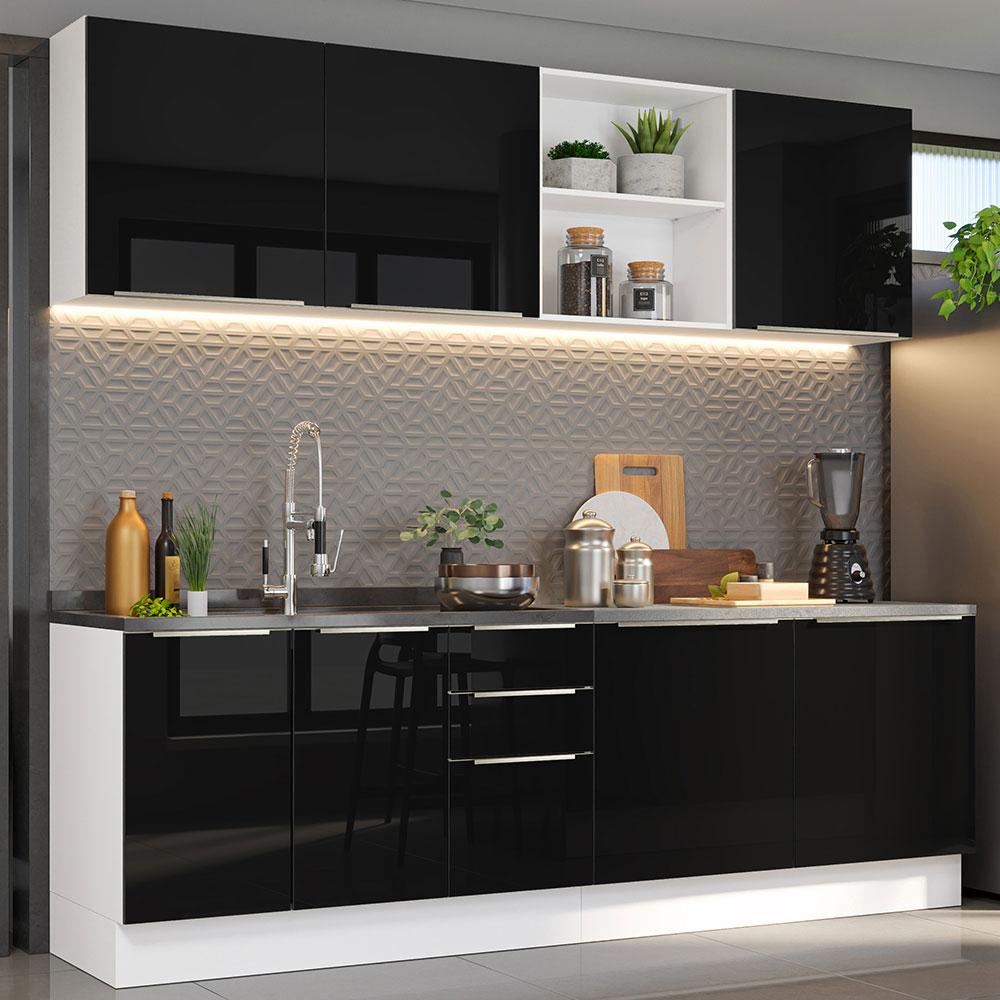 Miniatura Armário de Cozinha Completa 240cm Branco/Preto Lux Madesa 05 Branco/Preto