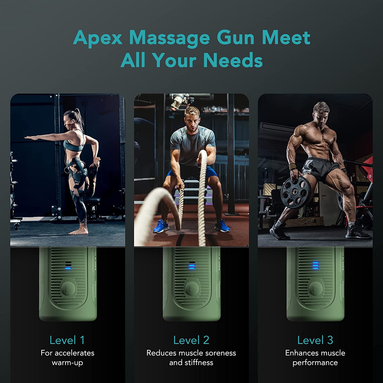 Opove PO5N Massageador Pistola Elétrico Profissional Sem Fio 6 Acessórios Verde