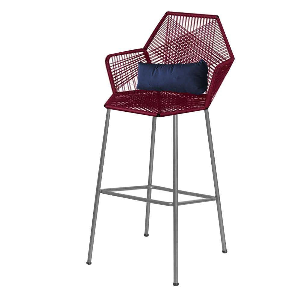 Miniatura Banqueta Alta Com Encosto Sttar Balcão Ferro Prata Fibra Marsala Almofada Azul Marinho