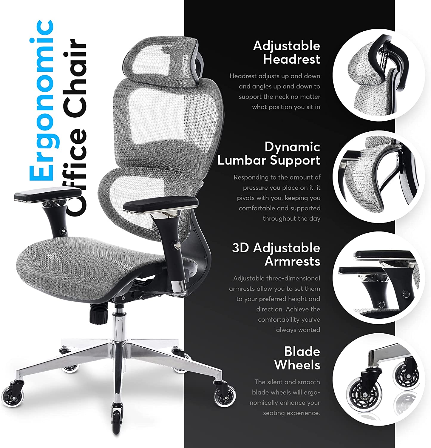 Miniatura Oline Cadeira de Escritório Ergonômica Giratória e Ajustável com Apoio 4D Cinza