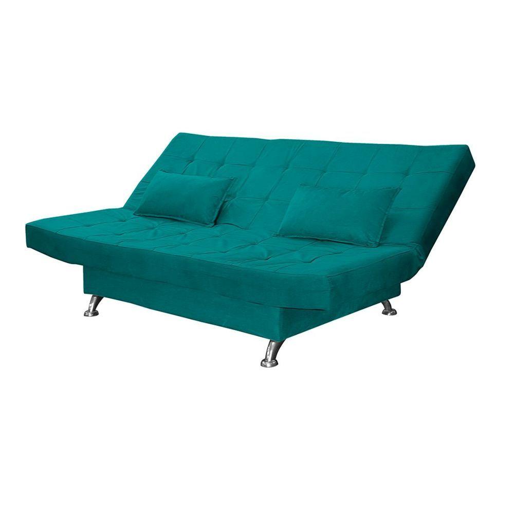Sofá Cama Casal Com Almofadas Califórnia Suede Azul Turquesa