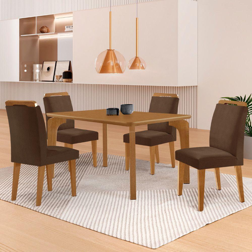 Miniatura Mesa Liz 120 Mdf Canto Copo E Com 4 Cadeiras Athenas Veludo Marrom/naturalle/naturalle