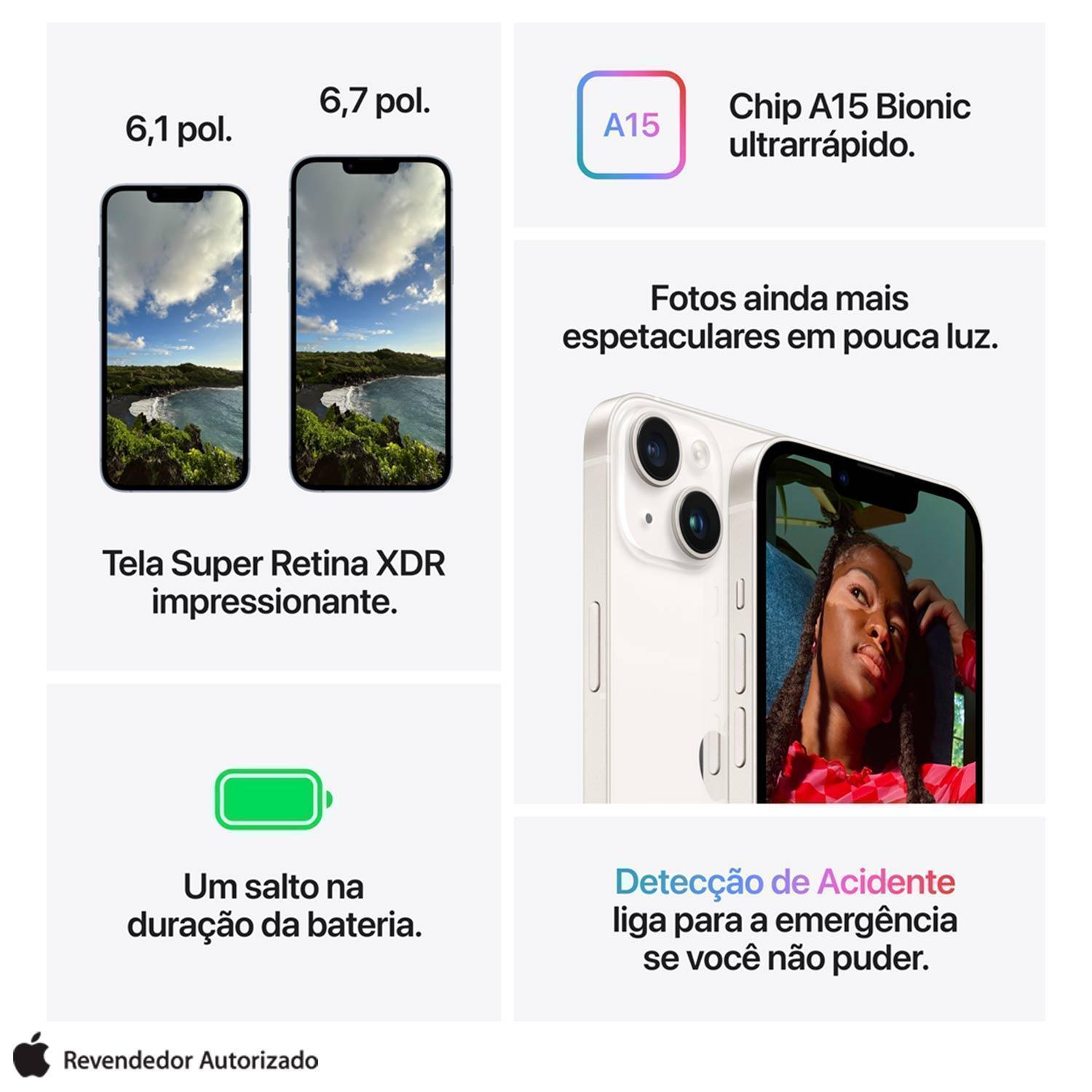 iPhone 14 Apple (128GB) Estelar, Tela de 6,1", 5G e Câmera de 12MP Bivolt
