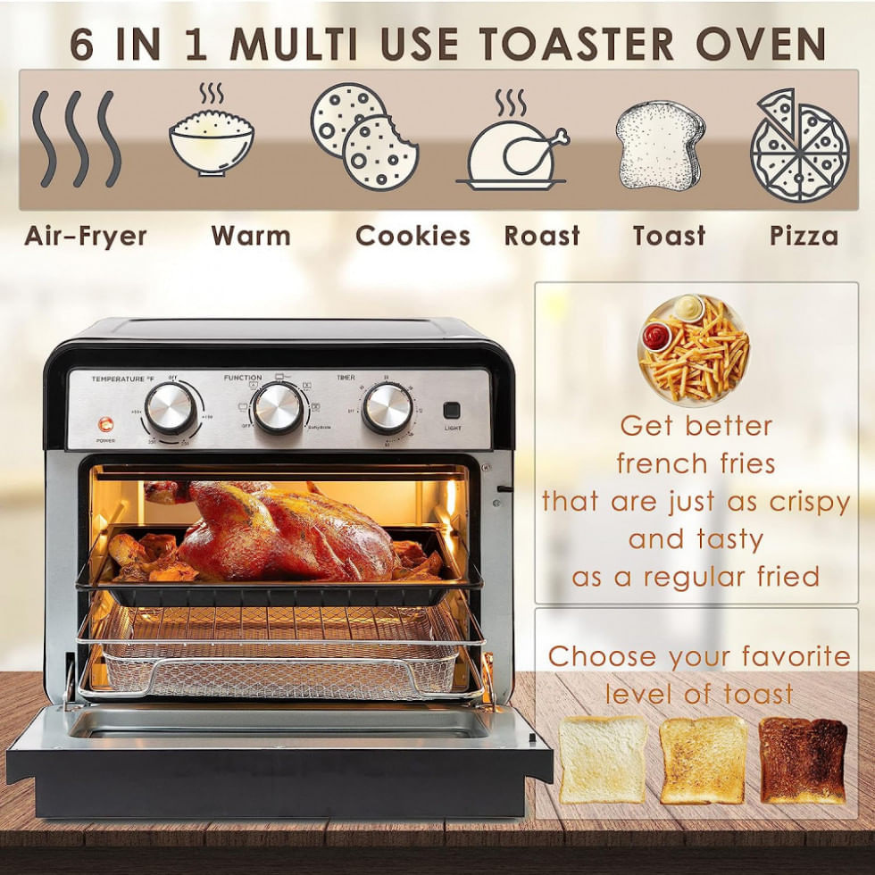 Miniatura Forno Elétrico de Bancada 22 Litros 6 em 1 com Função Airfryer, Aço Inoxidável, 110V 1700W, Moss Stone, Preto