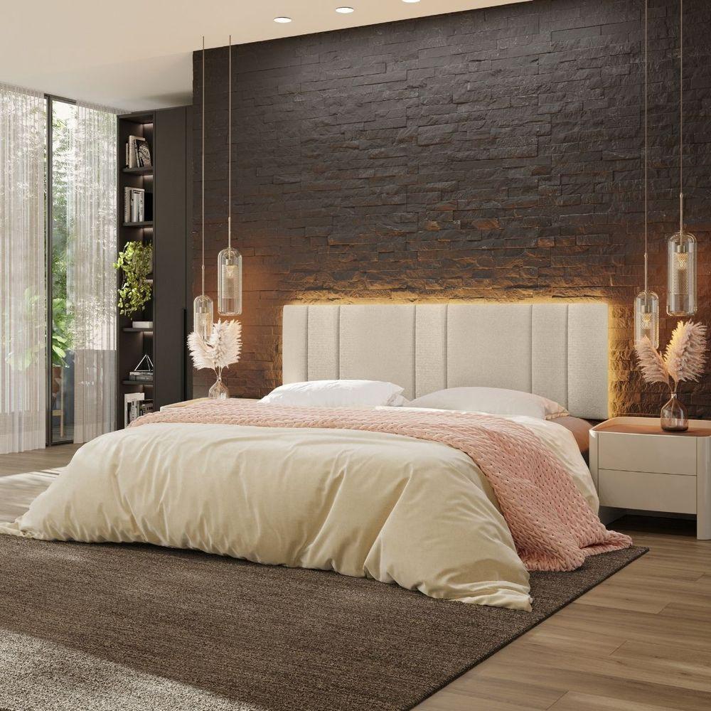 Miniatura Cabeceira Estofada Iluminação Led Cama Casal King Size 200 Cm Cor:buclé Bege