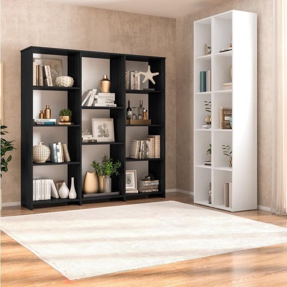 Miniatura Kit com 1 Estante Livreiro 11 Nichos Odelia e 2 Estantes Modulares 5 Nichos Liverpool Preto/Branco