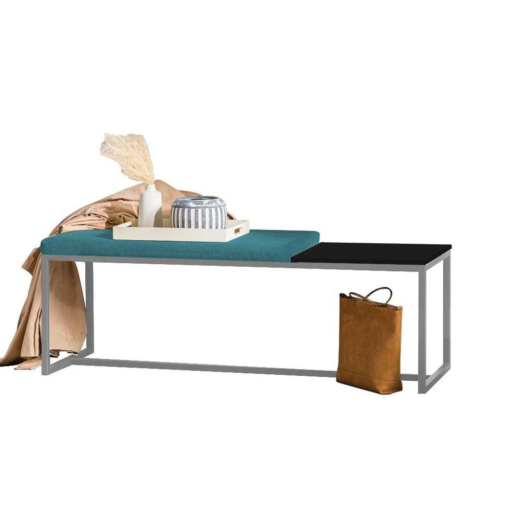 Miniatura Banco Recamier Puff 160cm Industrial Cinza Suede Azul Turquesa Tampo Quadrado Mdf Preto